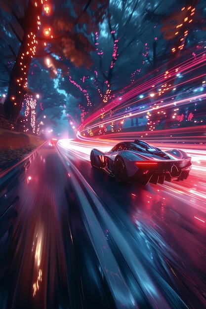 Ein eleganter Sportwagen fährt mit großer Geschwindigkeit eine städtische Straße entlang, umgeben von leuchtenden Neonlichtern