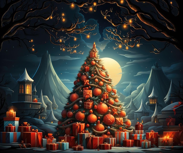 Ein eleganter Weihnachtsbaum mit Beleuchtung in der Nacht in einem fabelhaften Wald Neujahr und Weihnachten