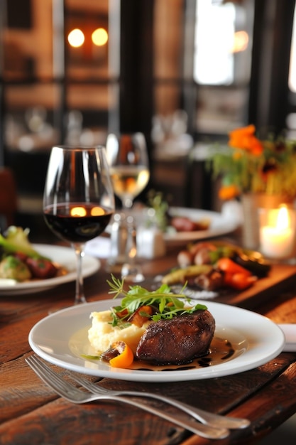 Ein elegantes Abendessen mit einem saftigen Fleischgericht und einem Glas Rotwein auf einem Holztisch