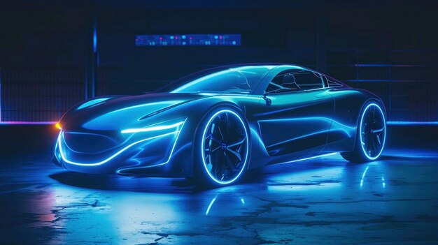 Ein elegantes blaues Elektroauto als futuristisches Hologramm mit dynamischer Beleuchtung