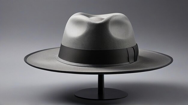 Ein elegantes Fedora mit breiter Kante und komplizierten Details, das auf einem eleganten und minimalistischen Tisch ruht