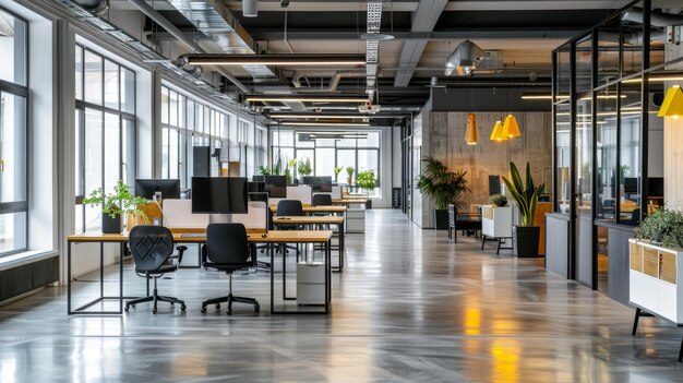 Ein elegantes Firmenbüro mit Kabinen und Konferenzräumen, die von KI generiert wurden