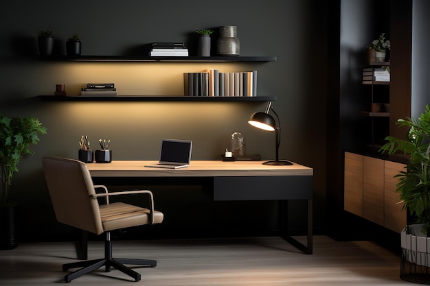 Ein elegantes Heimbüro in einem dunklen Raum mit einem Laptop, der auf einem Schreibtisch liegt