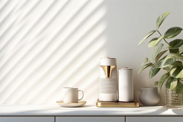 Ein elegantes Interieur mit Küchentheke und Kaffeemaschine mit Utensilien vor warmem Hintergrund