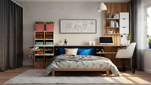 Ein elegantes, modernes Zimmer für Teenager mit einem integrierten Arbeitsplatz, der zeitgenössischen Komfort verleiht