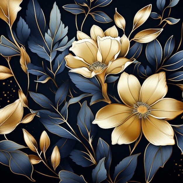 ein elegantes Muster aus goldenen und blauen Blättern auf dunklem Hintergrund