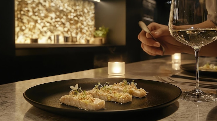 Foto ein elegantes restaurantgericht mit einer zarten fischzubereitung