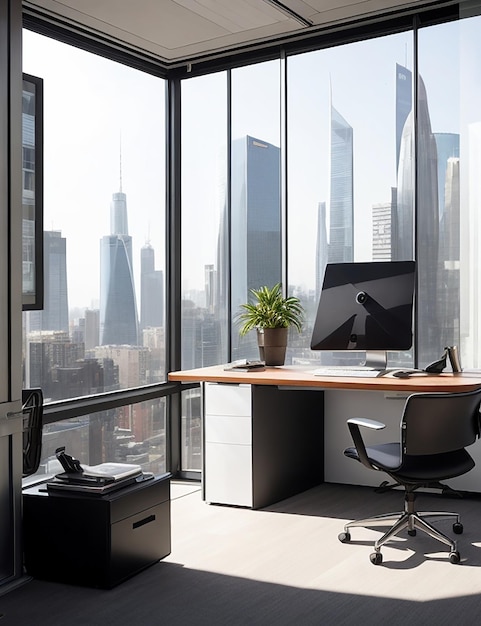 Ein elegantes und modernes Büro für Freiberufler mit einem großen Fenster mit Blick auf die geschäftige Stadtlandschaft