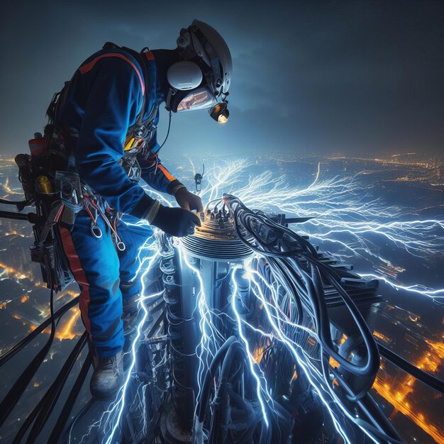 Ein Elektriker in einem Hochhaus mit Stadtbild arbeitet mit Kabeln unter einem Blitz.