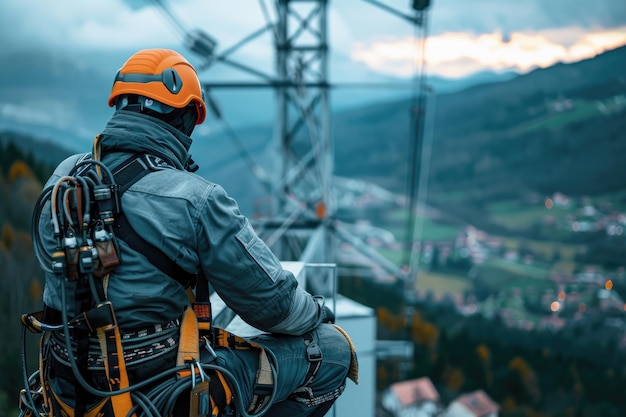 Ein Elektriker in Helm und Arbeitskleidung arbeitet in großer Höhe, repariert Stromleitungen in bergigen Gebieten, reparieren Transformatoren am besten