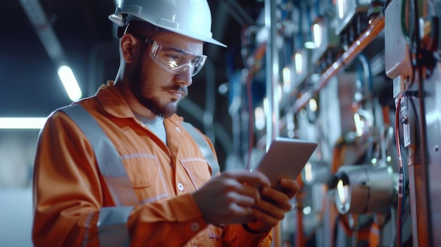 Ein Elektriker in Highvisibility-Kleidung untersucht ein Bedienfeld, während er ein Tablet konsultiert