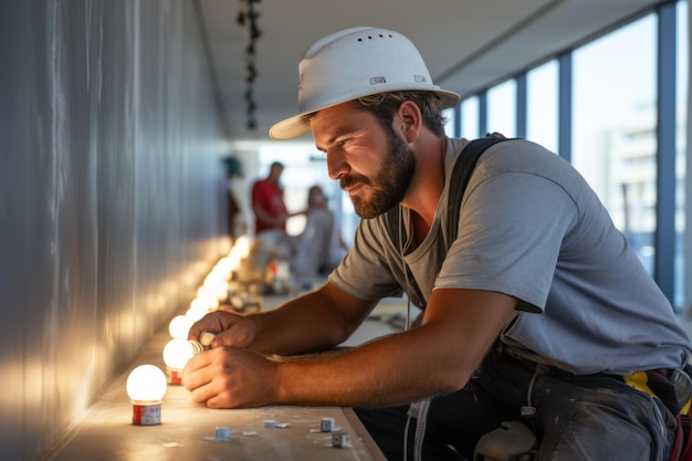 Ein Elektriker repariert die Lichter in einem neu renovierten Apartmentgebäude