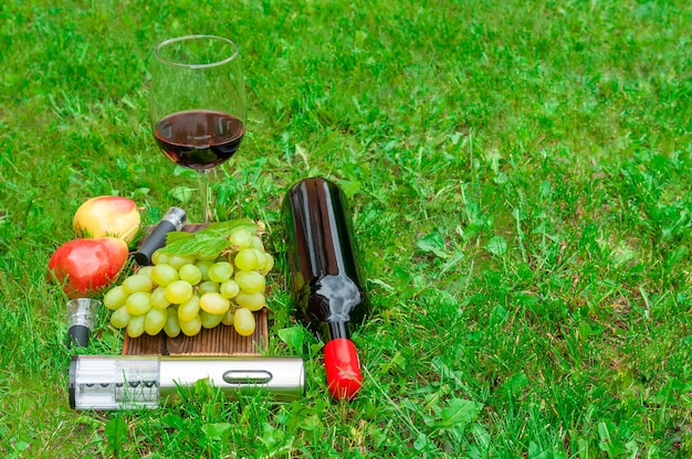 Ein elektrischer Korkenzieher liegt auf dem Gras In der Nähe des Korkens und des Belüfters für Wein Im Hintergrund