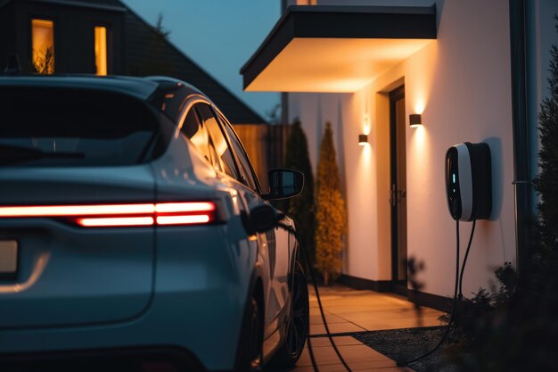 Foto ein elektroauto steht vor einem modernen landhaus und wird nachts von einer wandbox geladen