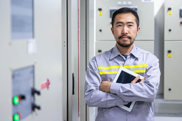 Ein Elektroingenieur mit einem Tablet schaut sich den Hauptverteiler im Kontrollraum der Fabrik an.