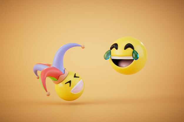 Ein Emoji in einem Narrenhut und ein lachendes Smiley-Gesicht auf einem pastellfarbenen Hintergrund 3D-Render