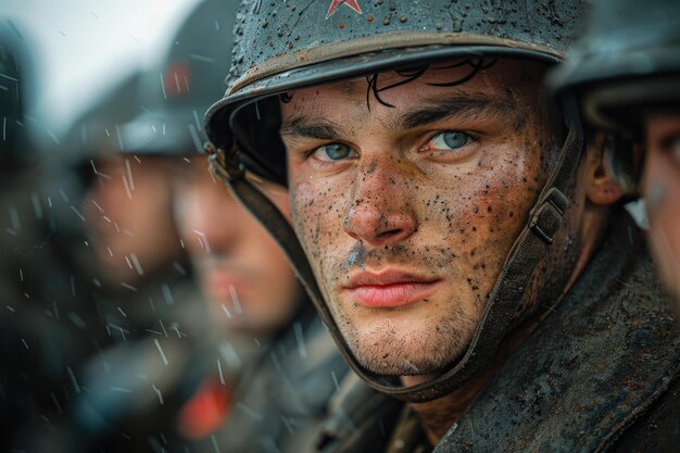 Ein emotionales Foto eines Soldaten aus dem Zweiten Weltkrieg eine tragische Kriegserfahrung ein überzeugendes Porträt, das die Tiefe des Leidens und des Heldentums im Kampf um die Freiheit widerspiegelt