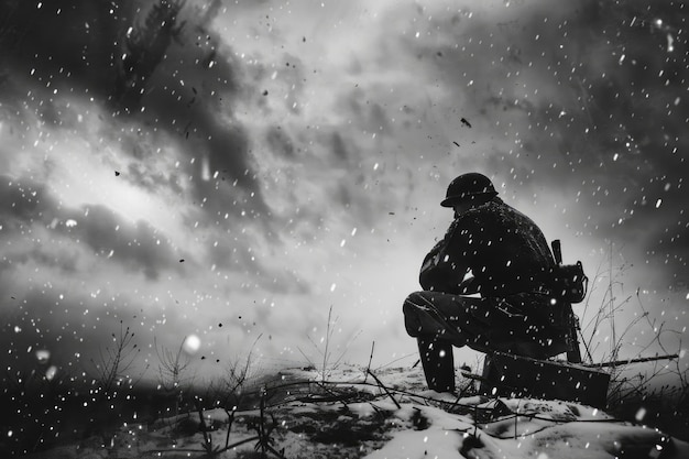 Ein emotionales Foto eines Soldaten aus dem Zweiten Weltkrieg eine tragische Kriegserfahrung ein überzeugendes Porträt, das die Tiefe des Leidens und des Heldentums im Kampf um die Freiheit widerspiegelt