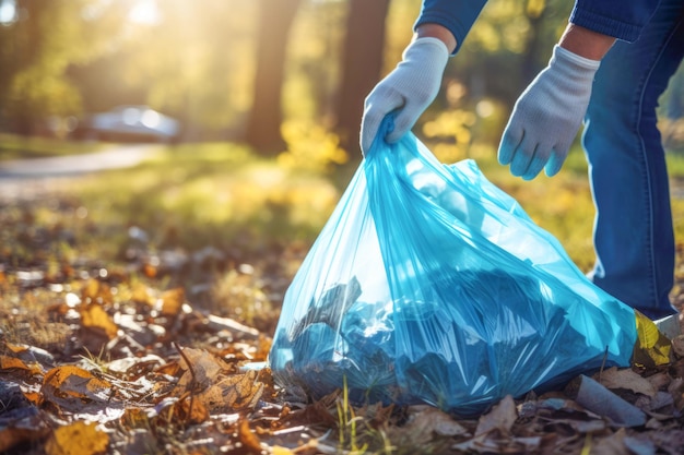 Ein engagierter Freiwilliger sammelt fleißig Plastik und Müll in einem örtlichen Park und zeigt damit sein Engagement für den Umweltschutz