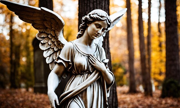 ein Engel auf einem Friedhof im Wald