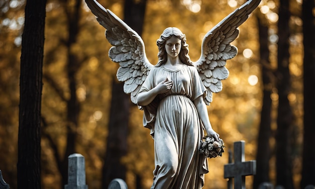 ein Engel auf einem Friedhof im Wald