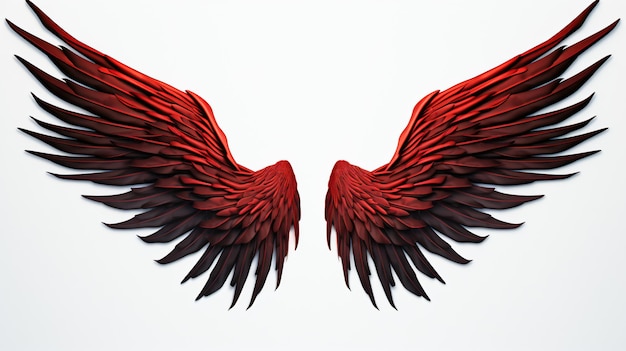Ein Engelflügel mit roten Federn, isoliert auf weißem Hintergrund