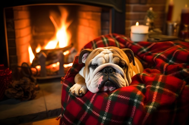 ein englischer Bulldog liegt auf einem mit einer Wollplatte bedeckten Sofa. Neben ihm brennt ein Kamin.