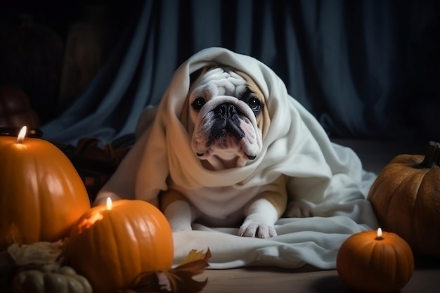 Ein englischer Bulldog schaut in die Kamera auf einem dunklen Hintergrund neben einem Kürbis-Candle-Halloween