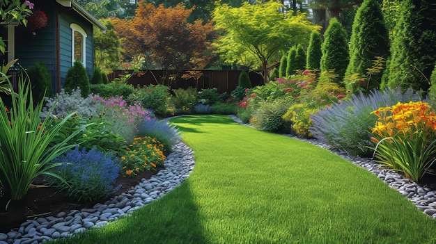 Ein englischer Garten mit gemähtem Rasen, laubigen Bäumen und farbenfrohen Blumenbeeten im Sommer