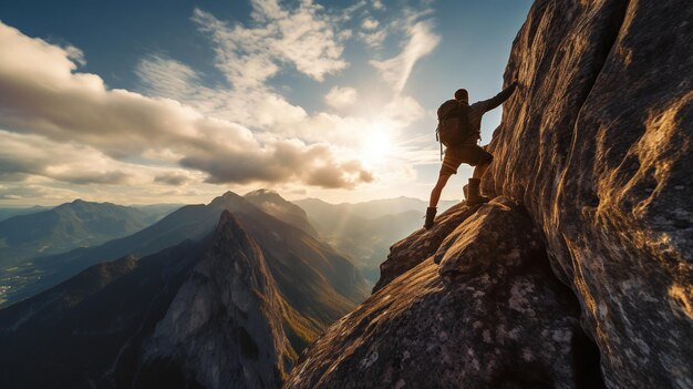 Foto ein entschlossener bergsteiger besteigt bei sonnenuntergang eine steile klippe mit blick auf die weite des gebirges