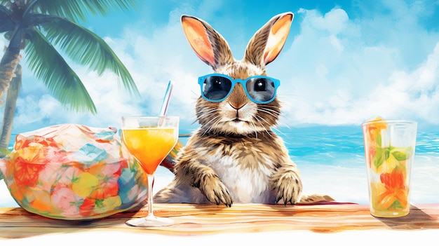 Ein entspannter Hase gönnt sich eine Pause von seinem Hüpfertum, um seine Freizeit in der Sonne zu genießen. Er trägt eine stilvolle Sonnenbrille und liegt auf einem farbenfrohen Strandtuch bei einem erfrischenden tropischen Getränk