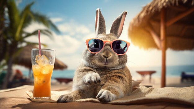 Ein entspannter Hase gönnt sich eine Pause von seinem Hüpfertum, um seine Freizeit in der Sonne zu genießen. Er trägt eine stilvolle Sonnenbrille und liegt auf einem farbenfrohen Strandtuch bei einem erfrischenden tropischen Getränk