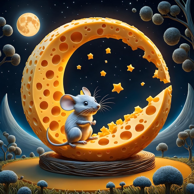 Ein entzückender 3D-Cartoon eines Mondes, der vollständig aus Cheddar-Käse besteht, mit einer winzigen Mausspitze