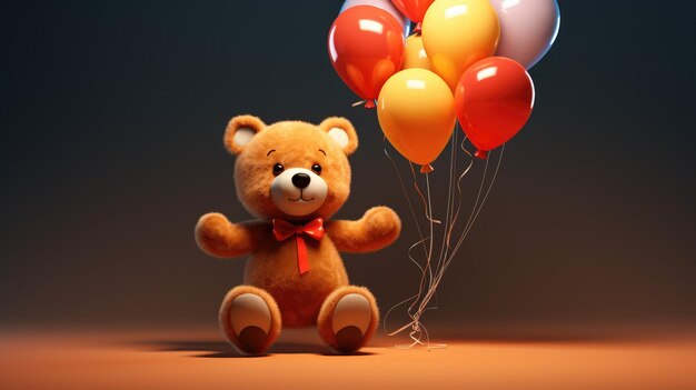 Ein entzückender 3D-Teddybär mit einem Ballonstrauß an der Pfote