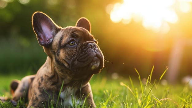 Ein entzückender Anblick Ein reizvoller französischer Bulldoggenwelpe genießt die Schönheit der Parks