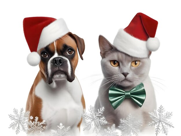 Ein entzückender Hund und eine niedliche Katze in Weihnachtskostümen