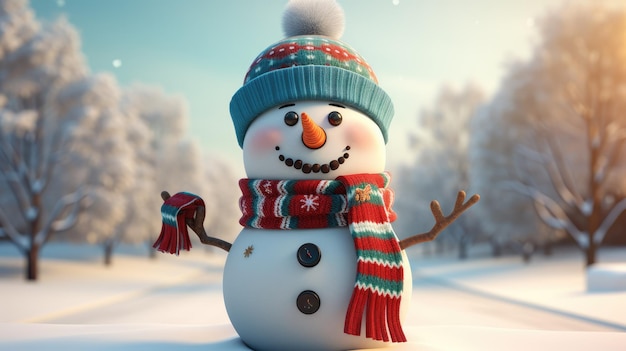 Ein entzückender Schneemann, der zur Erinnerung an Weihnachten einen Zylinder und einen bunten Schal trägt