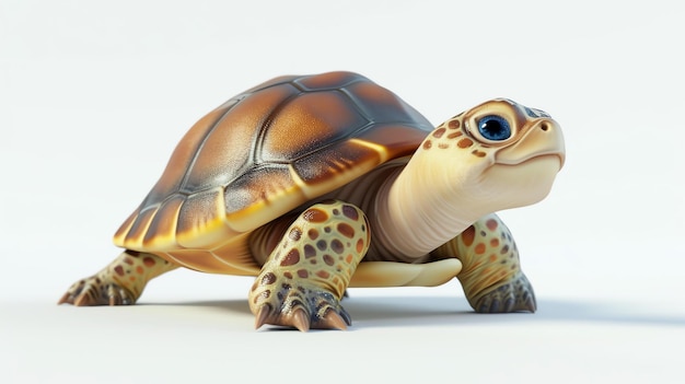 Ein entzückendes 3D-Rendering einer charmanten Schildkröte, die Süße und Unschuld ausstrahlt. Diese liebenswerte Kreatur sitzt anmutig auf einem unberührten weißen Hintergrund, bereit, die Herzen mit ihrem Lova zu fesseln.