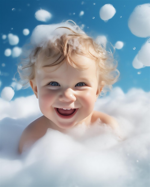 ein entzückendes Baby genießt ein Seifenbad am internationalen Seifenbadtag