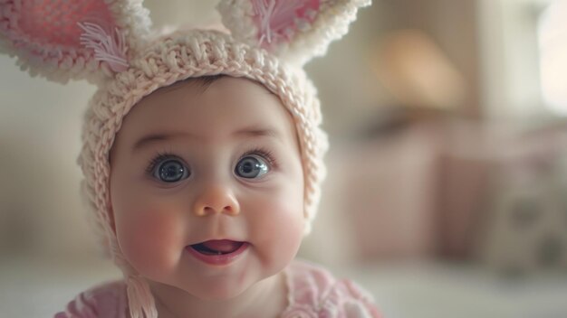 Foto ein entzückendes baby mit einem hase mit funkelnden augen