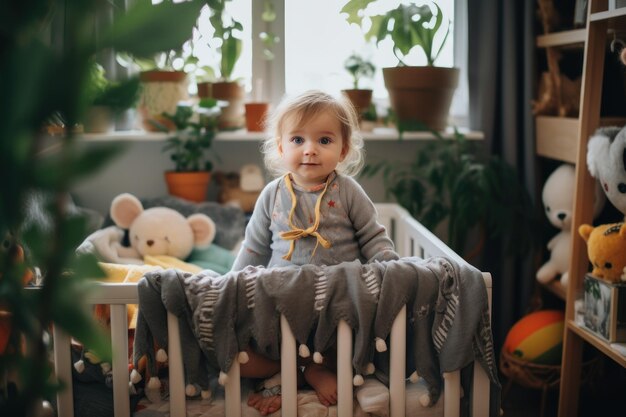 Ein entzückendes Baby sitzt in seiner Wiege, umgeben von einer gemütlichen Wiege und spielerischen Decken in ihrem Kinderzimmer