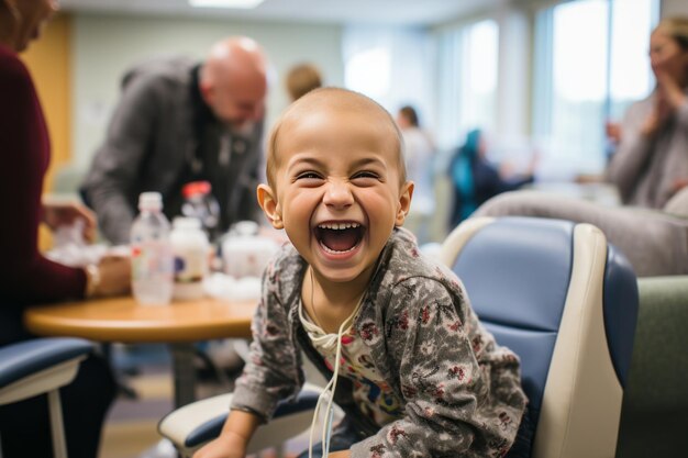 Ein entzückendes Baby wird in einem Krankenhaus einer Krebsbehandlung unterzogen. Das mutige Kleinkind lächelt und spielt mit ihm.