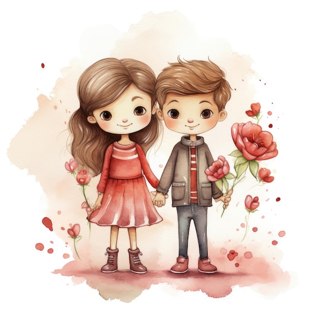 Ein entzückendes Cartoon-Süßpaar feiert Valentinstag Generative KI