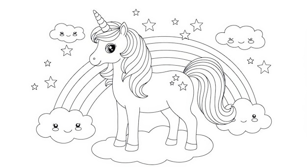 Ein entzückendes Einhorn auf Wolken mit Regenbogen Eine magische Malseite Illustration