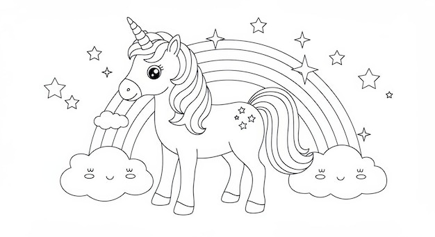 Ein entzückendes Einhorn mit Regenbogen und Sternen Malseite Eine magische Fantasie-Illustration