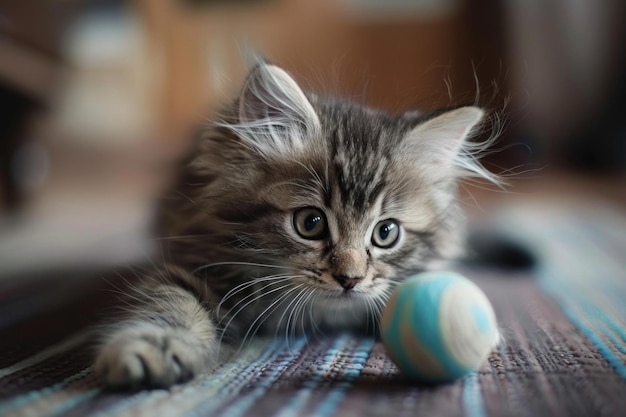 Ein entzückendes, flauschiges Kätzchen spielt mit einem kleinen Kneteball auf einem gewebten Teppich