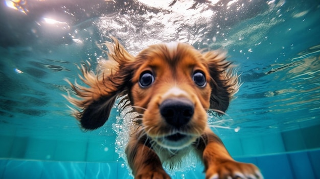 Ein entzückendes Foto eines Welpen, der selbstbewusst in einem Pool schwimmt und seine natürlichen Wasserfähigkeiten unter Beweis stellt