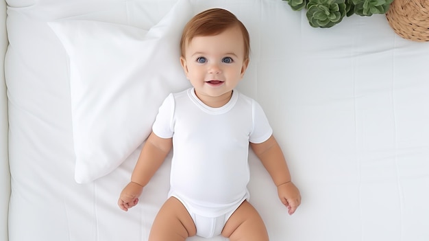 Foto ein entzückendes, glückliches baby, das auf einem weißen bett liegt und einen weißen mock-up-design-bodiesuit trägt