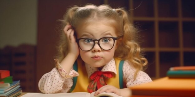Ein entzückendes, intelligentes Mädchen mit Brille und einem offenen Buch auf dem Schreibtisch, das aufgeregt aussieht.