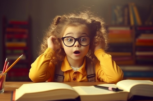 Ein entzückendes, intelligentes Mädchen mit Brille und einem offenen Buch auf dem Schreibtisch, das aufgeregt aussieht.